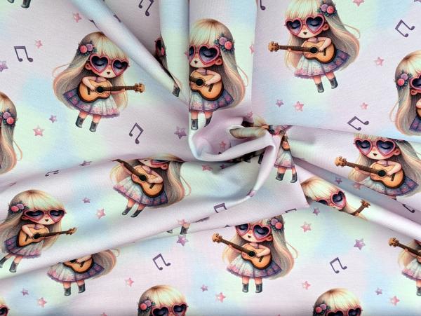 Eigenproduktion Baumwolljersey Kleines Mädchen Musikstar auf Regenbogen Rosa